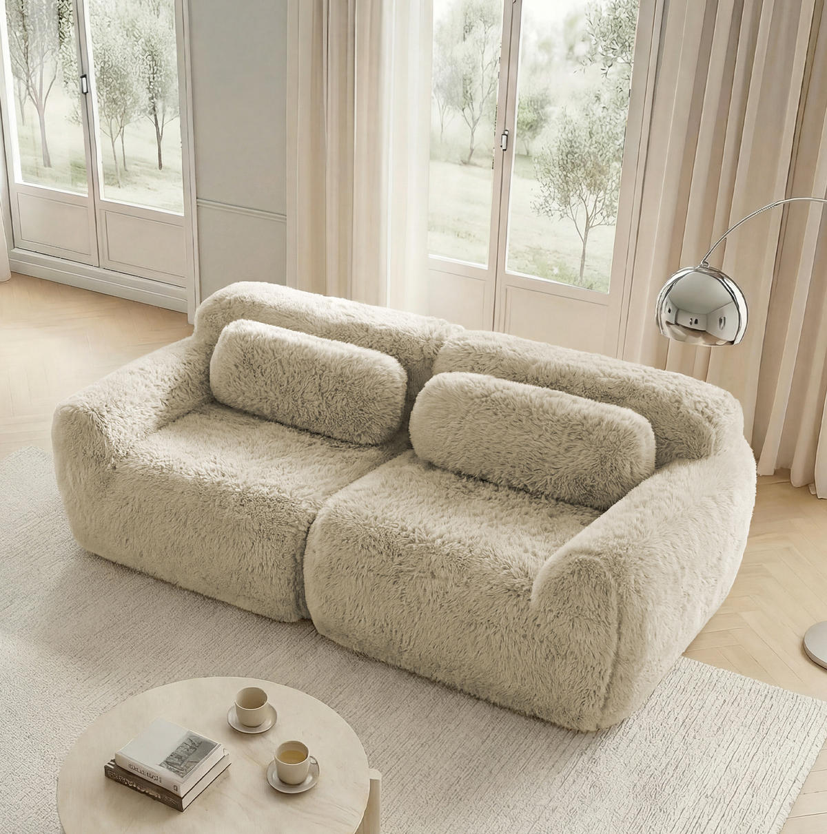 SOFA in Hellkhaki aus Plüsch mit rutschfester Basis und Kissen - Sandfarben, Textil (104/73/204cm) - Flora Grace