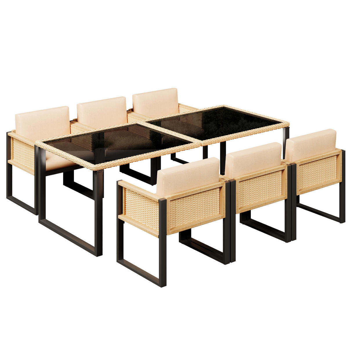 GARTEN-ESSGRUPPE 7-tlg. 170 x 80 cm Polyrattan Schwarz Braun - Schwarz, Metall - Beauniv