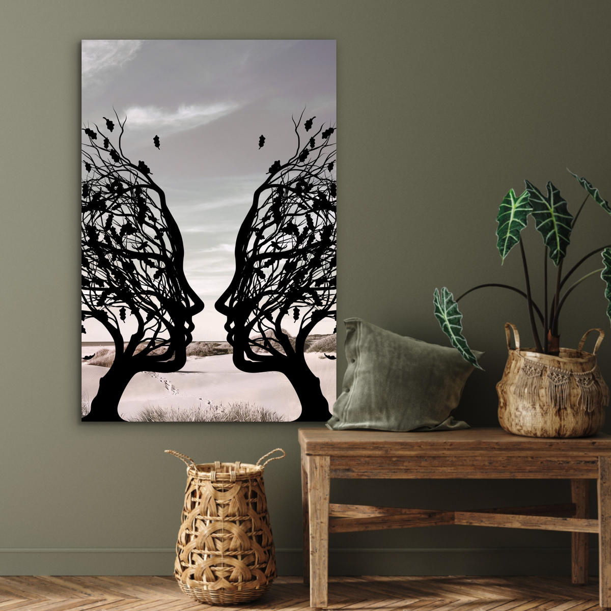METALLBILD Strand - Meer - Menschen - Baum - Moderne Kunst 60x90 cm - Hellgrau, Metall (60/90cm) - MuchoWow
