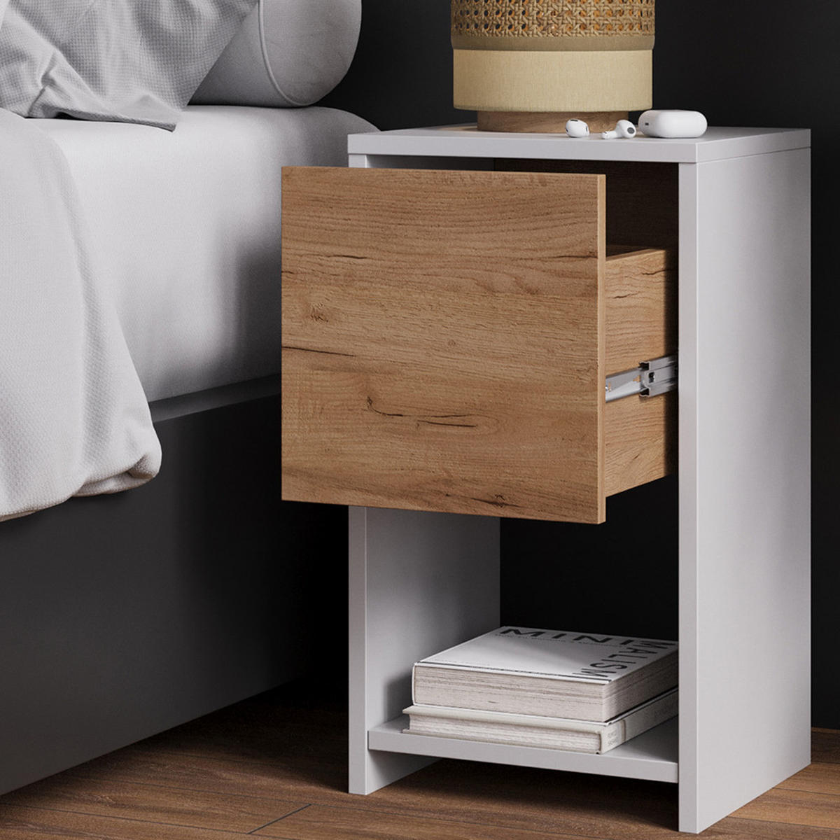 NACHTTISCH Evo Weiß/Goldkraft Eiche 30 x 55 cm mit Schublade - Honigeiche/Weiß, Holzwerkstoff (30/55/30cm) - Vicco