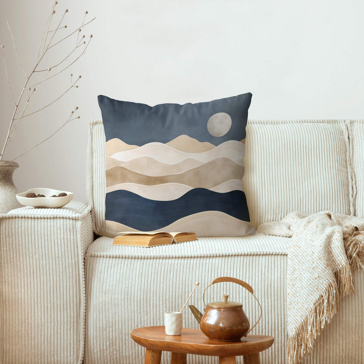 KISSENBEZUG Minimalistische Boho Landschaft Beige Blau 50/50 cm - Blau, Textil (50/50cm) - Bilderwelten