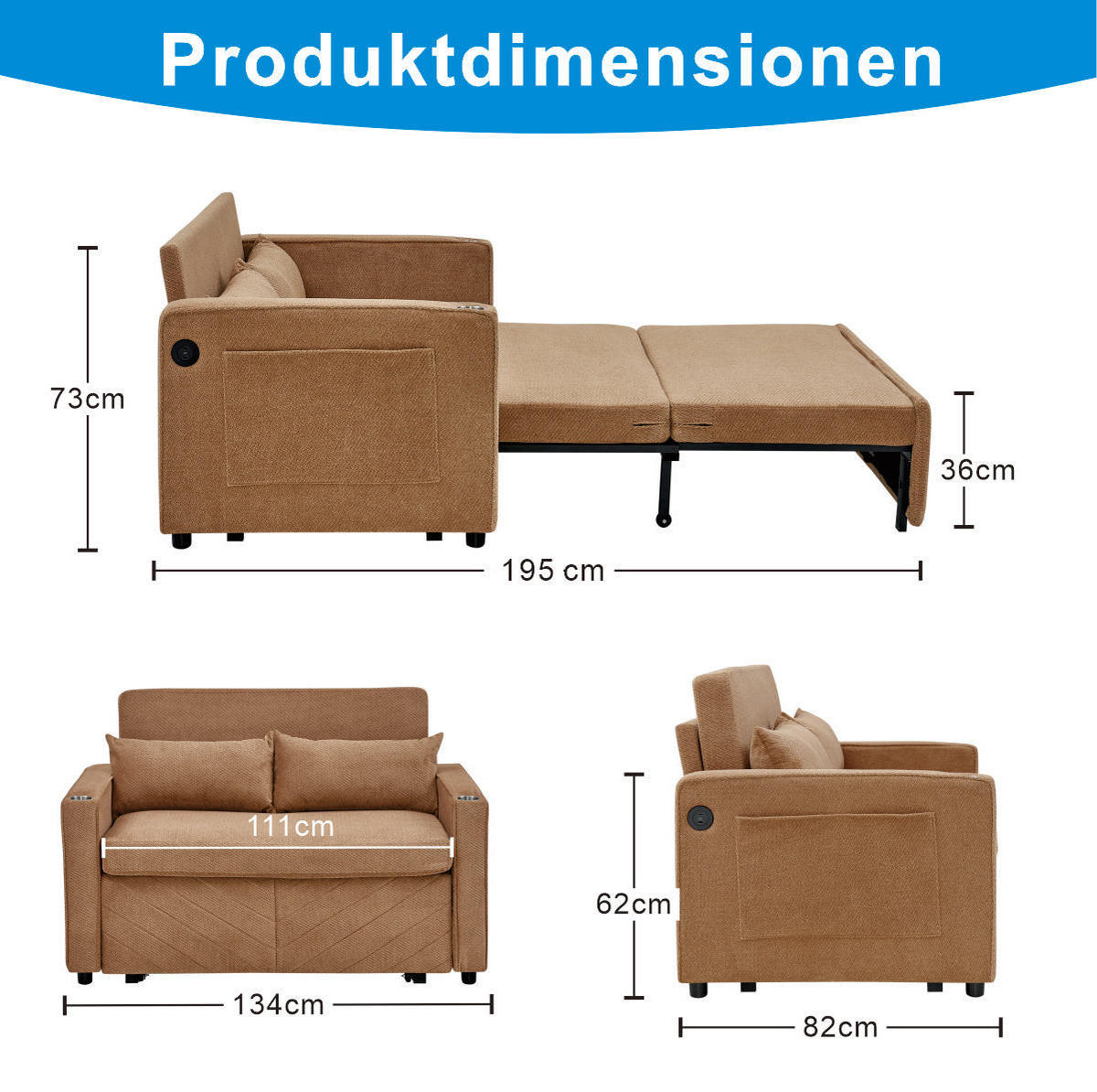 SCHLAFSOFA 3-in-1 mit USB-Ladeports Holz Stoff Orange - Orange, Holz (134/73/195cm) - Meubliv