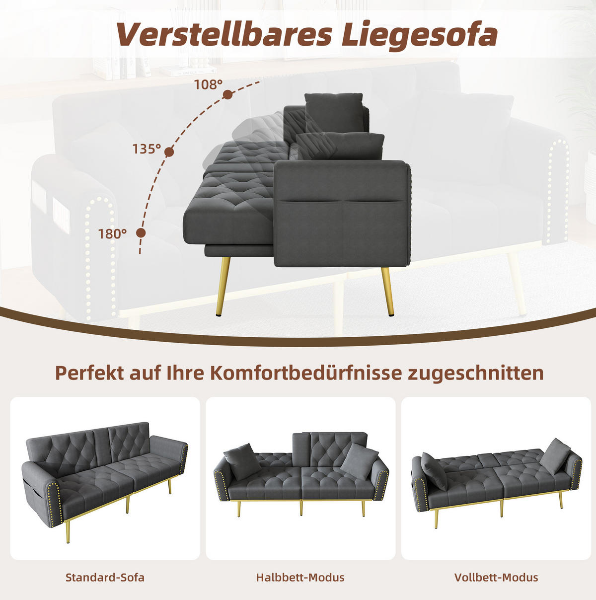 SCHLAFSOFA Samt mit verstellbarer Rückenlehne und Getränkehalter Grau 175/80/73,5 cm - Grau, Textil (73.5/175/80cm) - Redom