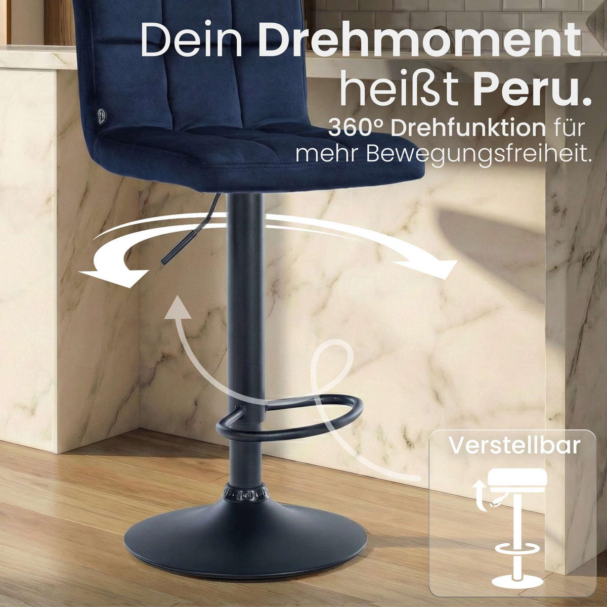 BARHOCKER Samt Blau - Blau/Schwarz, Textil/Metall (46/94/47cm) - CLP