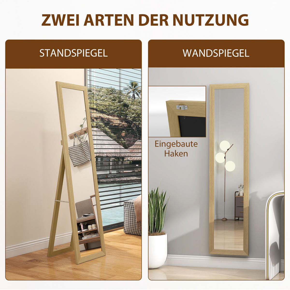 STANDSPIEGEL, Ganzkörperspiegel mit Ständer, freistehender Wandspiegel, Eiche - Naturfarben, Glas (3.8/157/37cm) - HOMCOM