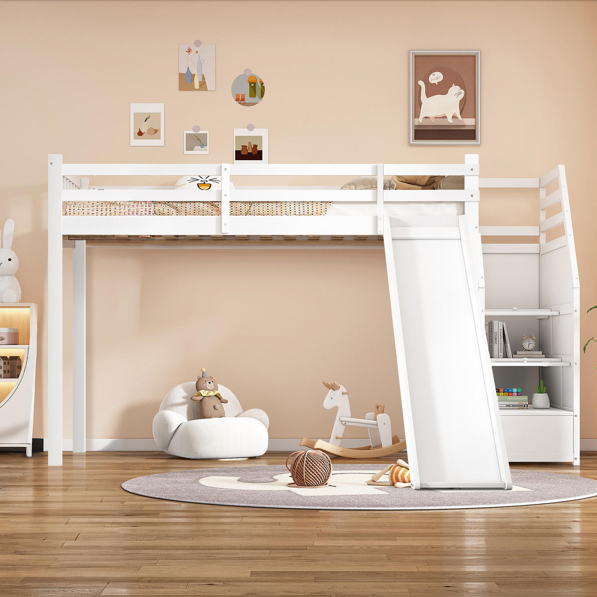 HOCHBETT 90x200cm Weiß mit Rutsche EN747 Ablageleiter optional - Weiß, Holz (90/200cm) - FLIEKS