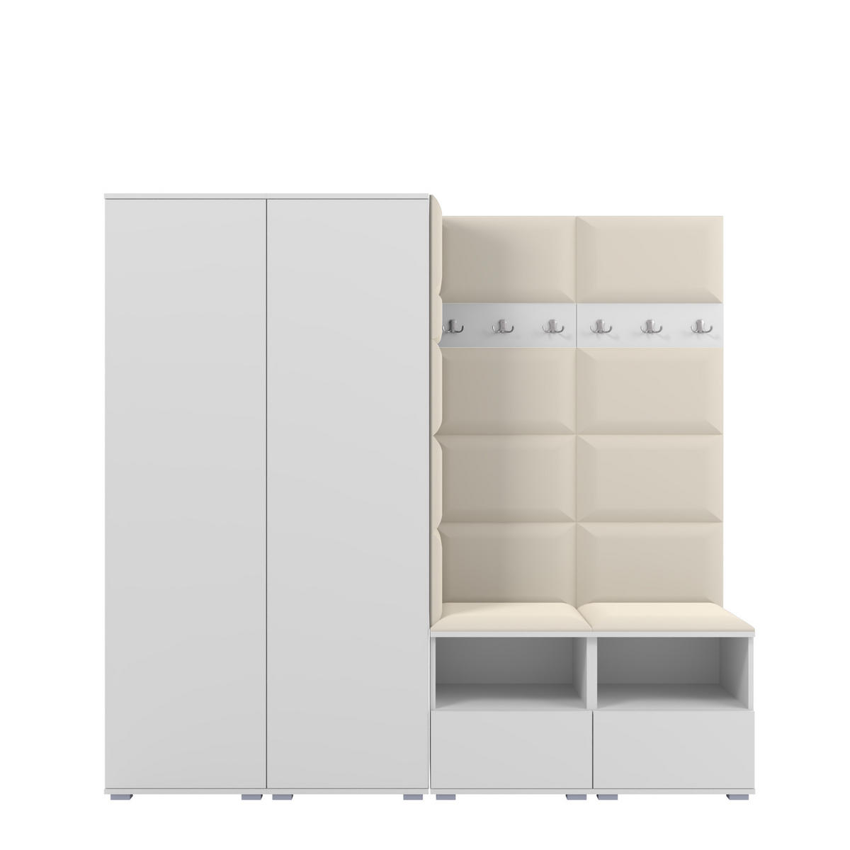 GARDEROBE NELA VI 200 cm (Kompaktgarderobe Weiß mit Sitzpolster Creme 01 Schrank & Paneel) - Silberfarben/Creme, Holz/Holzwerkstoff (200/187/40cm) - Ravio