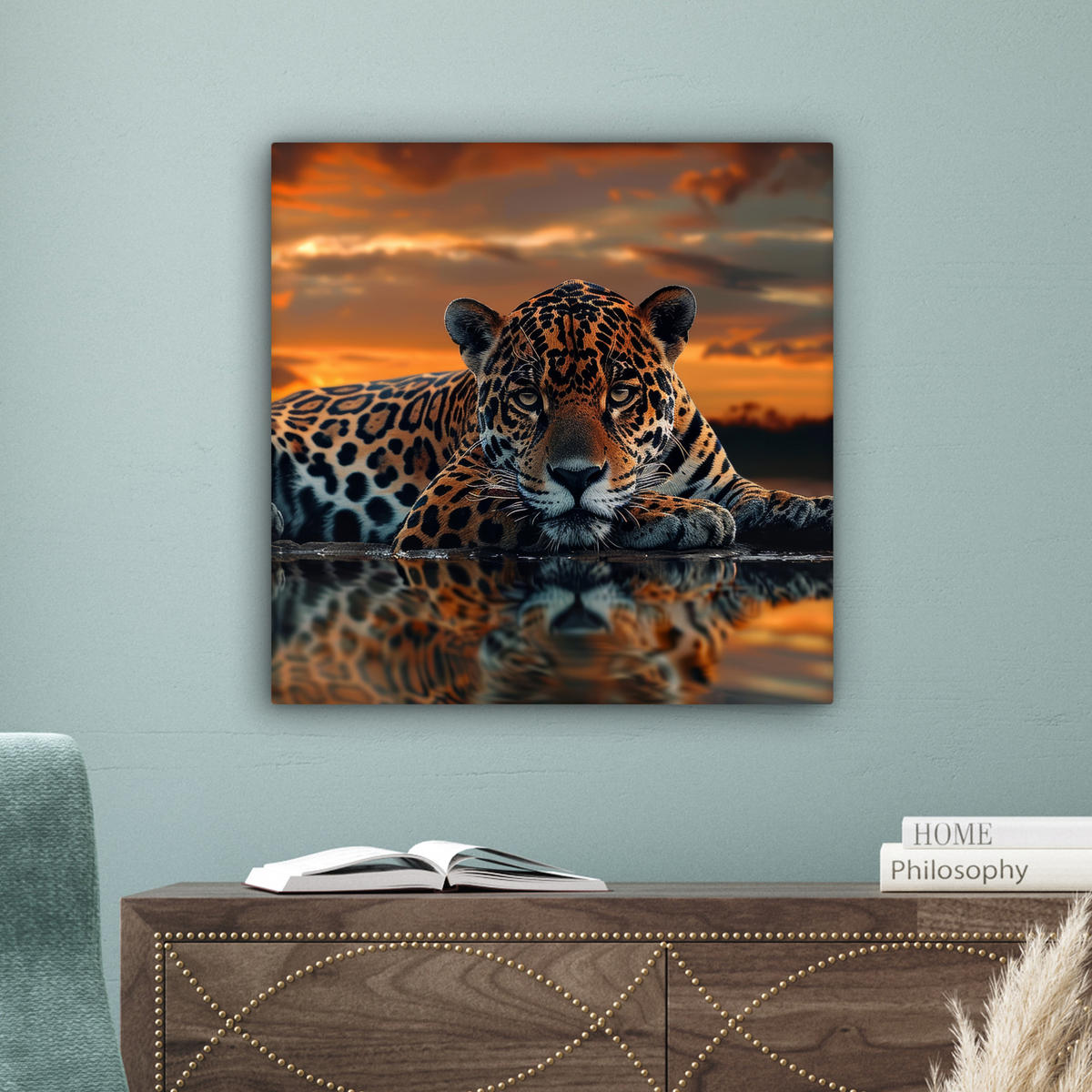 LEINWANDBILD Natur - Leopard - Tier - Sonnenuntergang - Modern Wandbild Wohnzimmer 50x50 cm - Orange, Textil (50/50cm) - MuchoWow