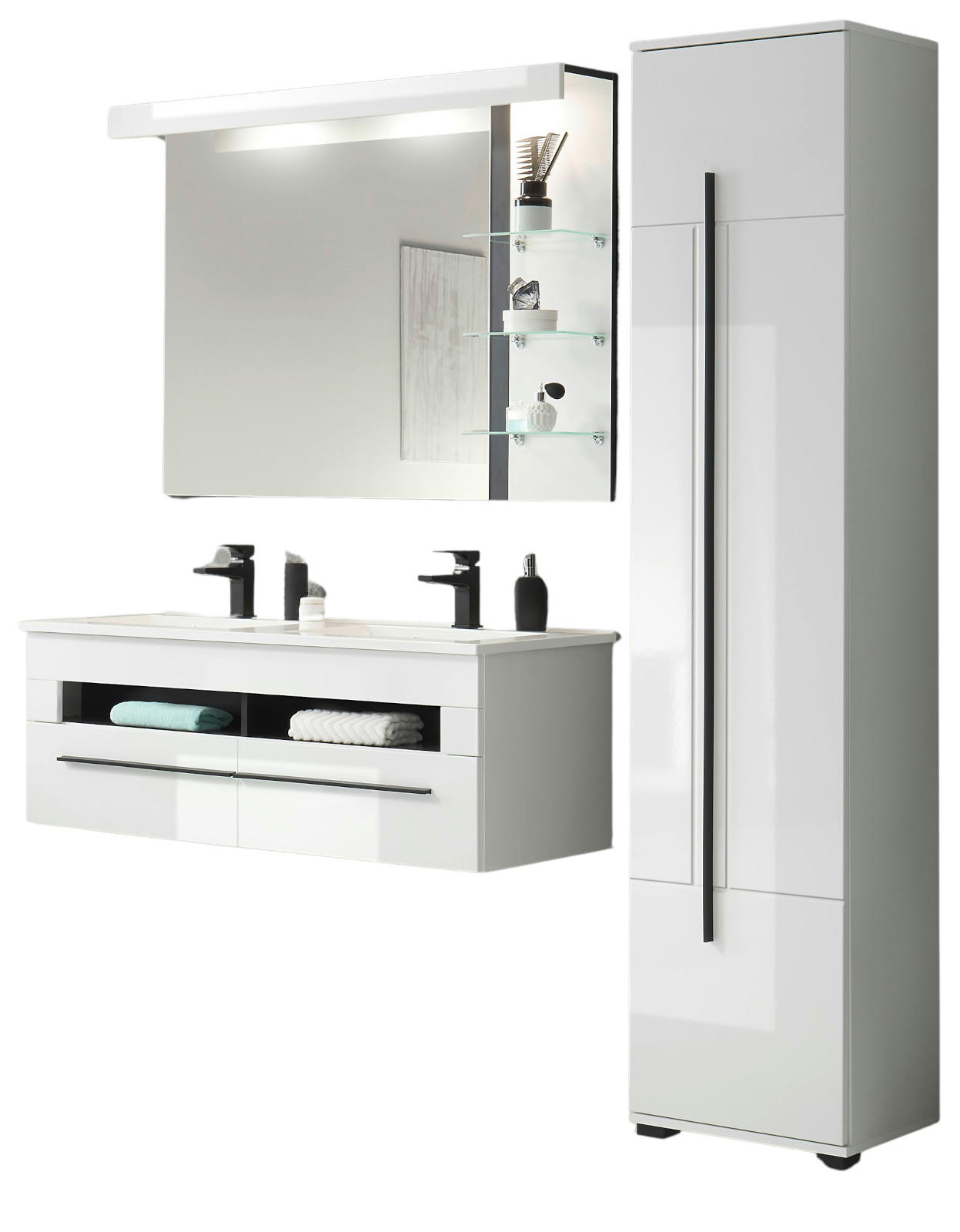 BADMÖBEL-SET weiß Hochglanz schwarz, Badkombination MIT Doppelwaschbecken LED Beleuchtung, 175 x 200 cm - Weiß Hochglanz/Schwarz, Holzwerkstoff/Kunststoff (175/200/45cm) - Furn.Design