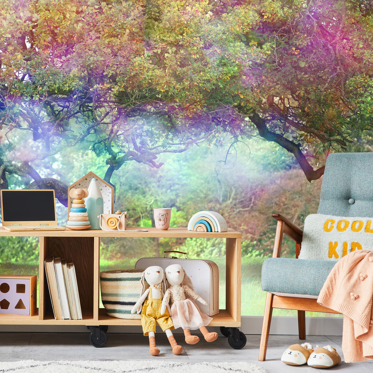 FOTOTAPETE für Kinderzimmer Magischer Bunter Wald Bäume Sträucher Blätter Pflanzen 200x140 - Gelb/Rot, Papier (200/140cm) - Muralo