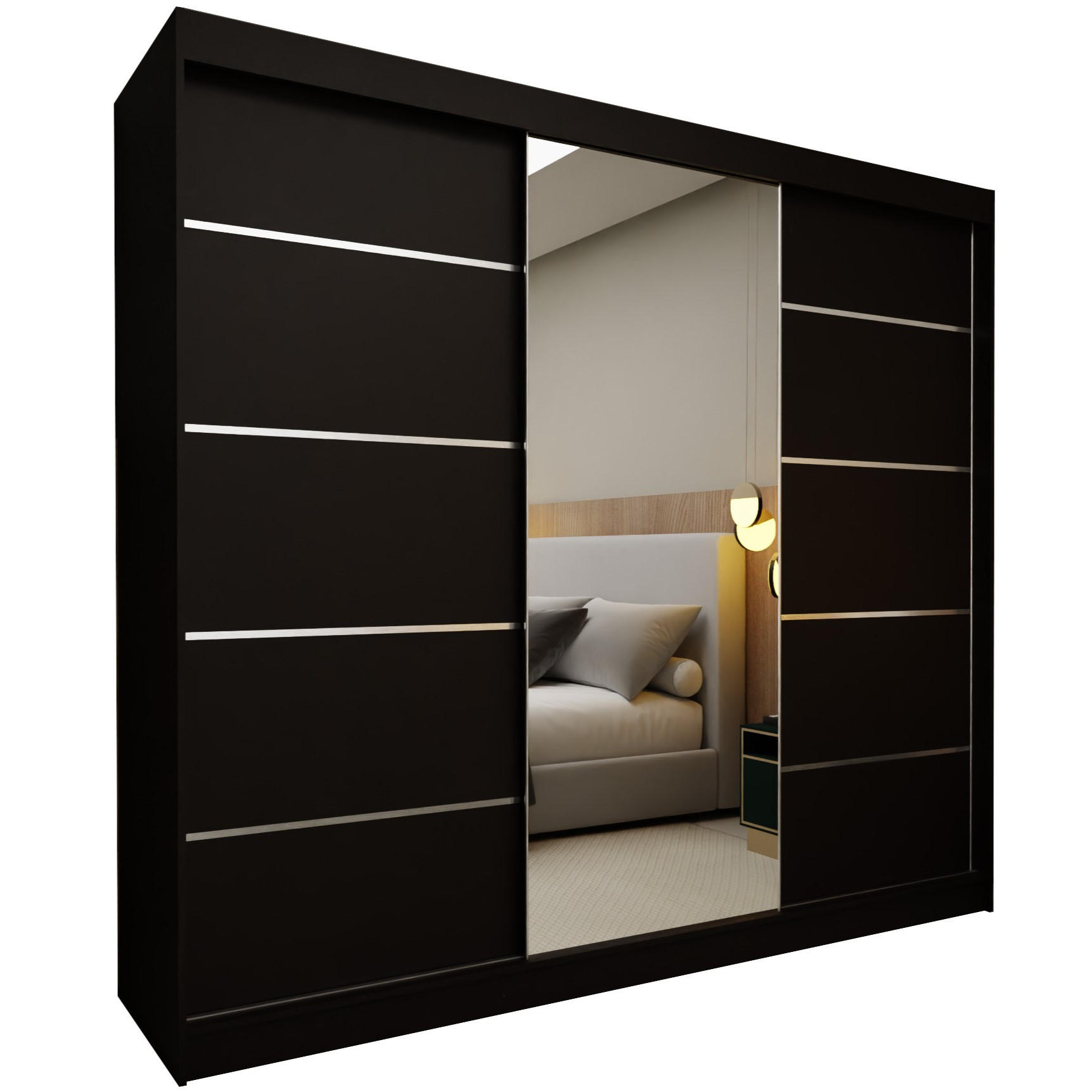 SCHWEBETÜRENSCHRANK MIRELLA 240/216/61 cm 3-türig mit Spiegel Schwarz - Schwarz, Holzwerkstoff (240/216/61cm) - MASSENO