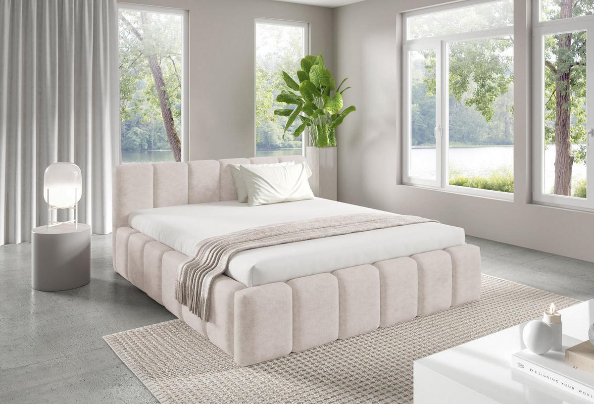 POLSTERBETT KALLA Medium 180x200 cm mit Bettkasten – PERFECT HARMONY 02 - Creme, Holz (180/200cm) - Dekori_Interiors