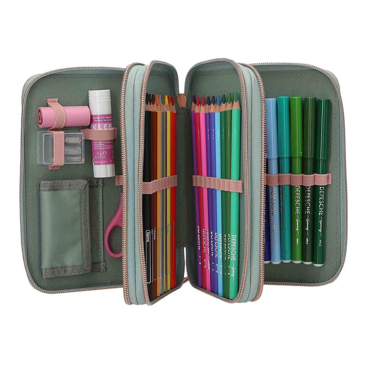 3-FACH FEDERTASCHE ROMANTIC FIELDS INKL. STIFTE Miss Melody grün 7,5 x 13 x 20 cm - Grün, Kunststoff (13/20/7.5cm) - Depesche Germany