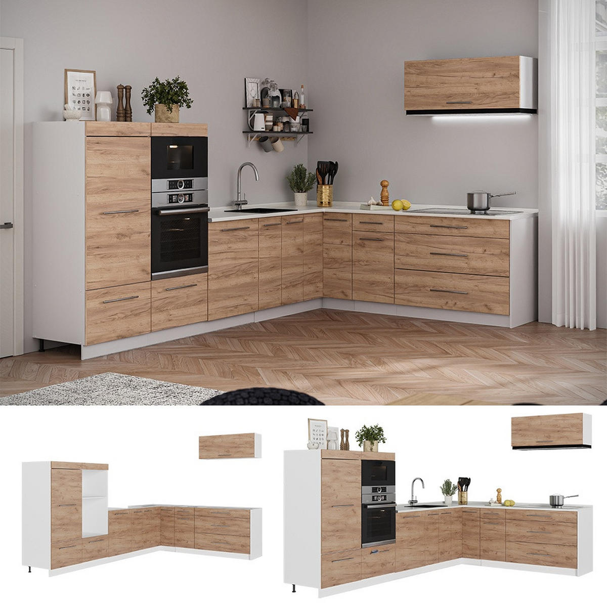 KUHINJA U OBLIKU SLOVA L Fame-Line, Hrast zlatnog tona/Bijela, 327 x 227 cm bez radne ploče - hrast medunac/bijela, drvni materijal (327/153.6/51.6cm) - Vicco