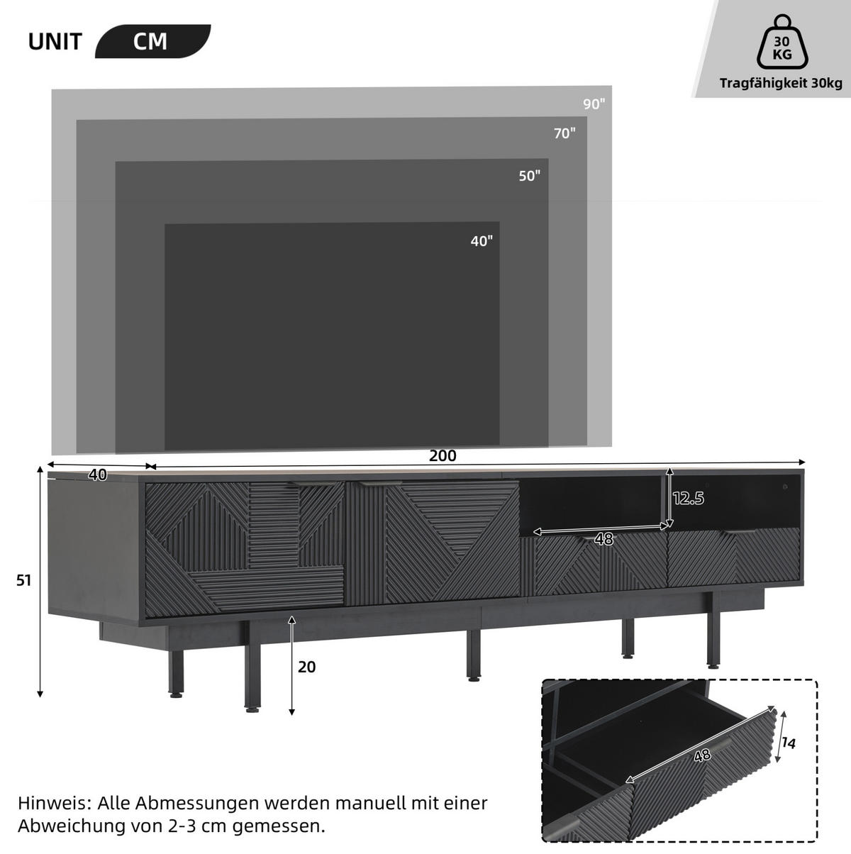 TV-LOWBOARD 200/40/51 cm mit Stauraum, Kabeldurchlass und 2 Türen aus Spanplatte, geometrisches Design, Schwarz - Schwarz, Holzwerkstoff (200/51/40cm) - Redom