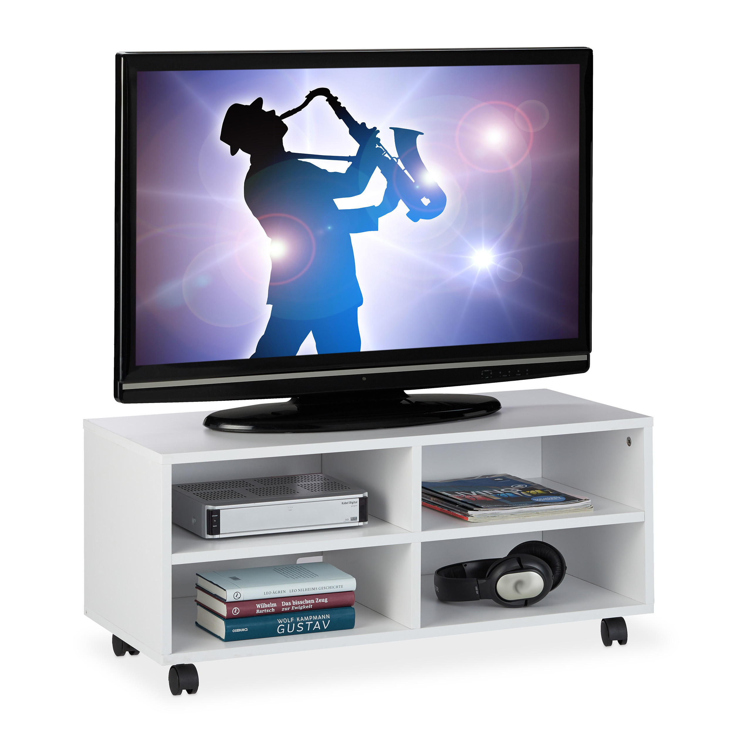Relaxdays TV-SKŘÍŇKA Bílá 4 přihrádky na kolečkách
