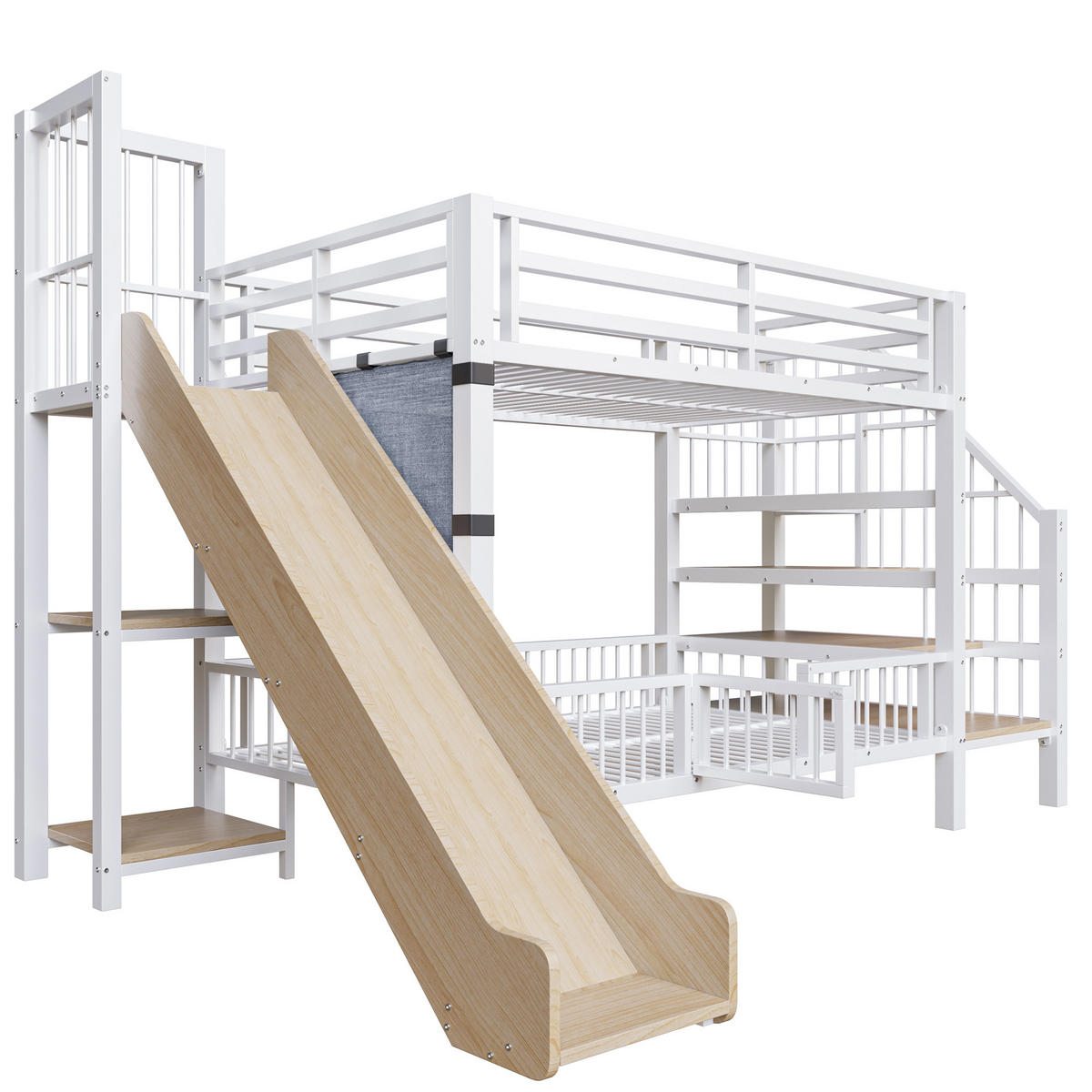 METALL-ETAGENBETT Kinder Weiß 90/200 cm mit Rutsche und Stauraumtreppe - Weiß, Metall - ComfortXL