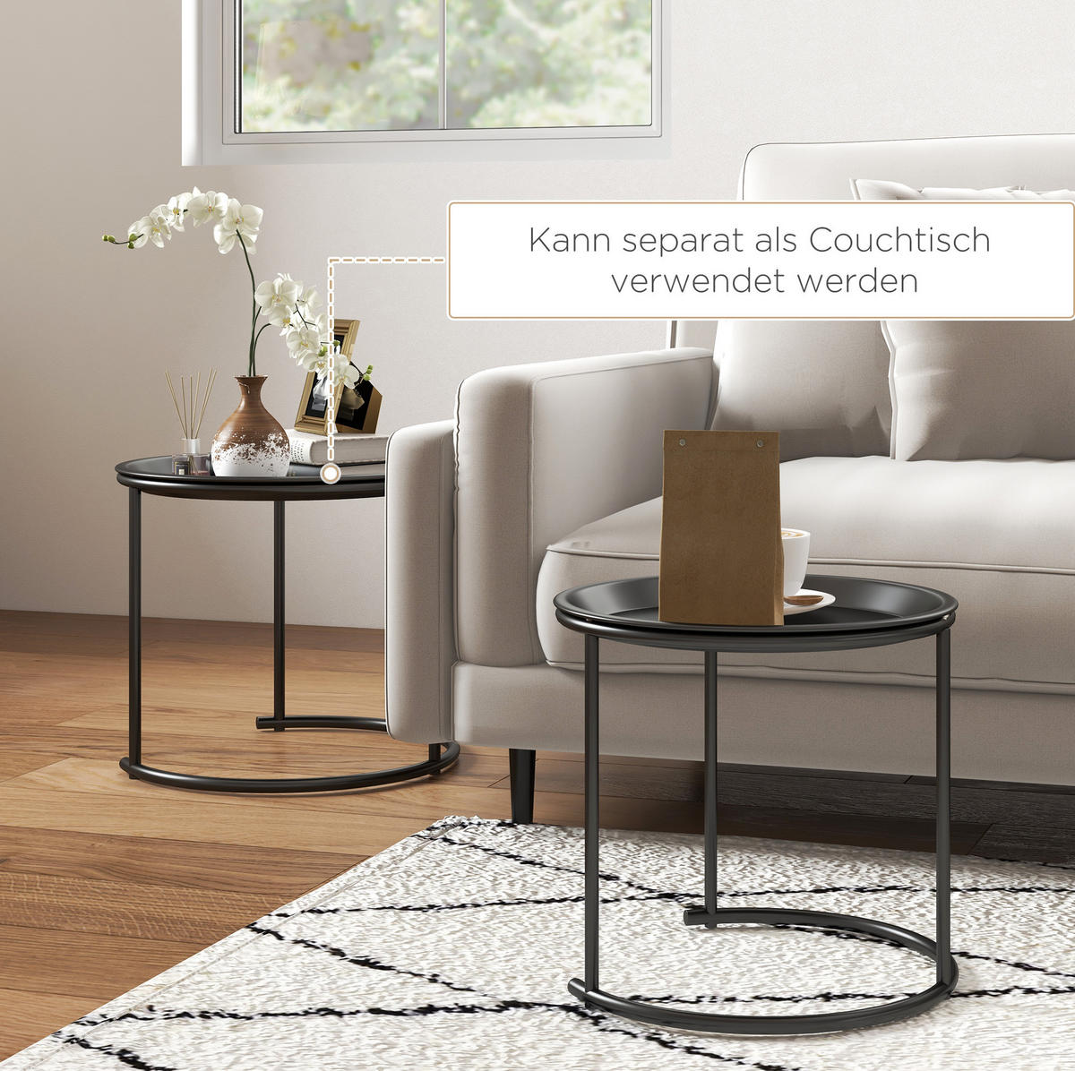 BEISTELLTISCH-SET Ø43/35 cm mit abnehmbaren Tabletts, stapelbar, Stahl, Schwarz - Schwarz, Metall (43/43/38cm) - Modfu