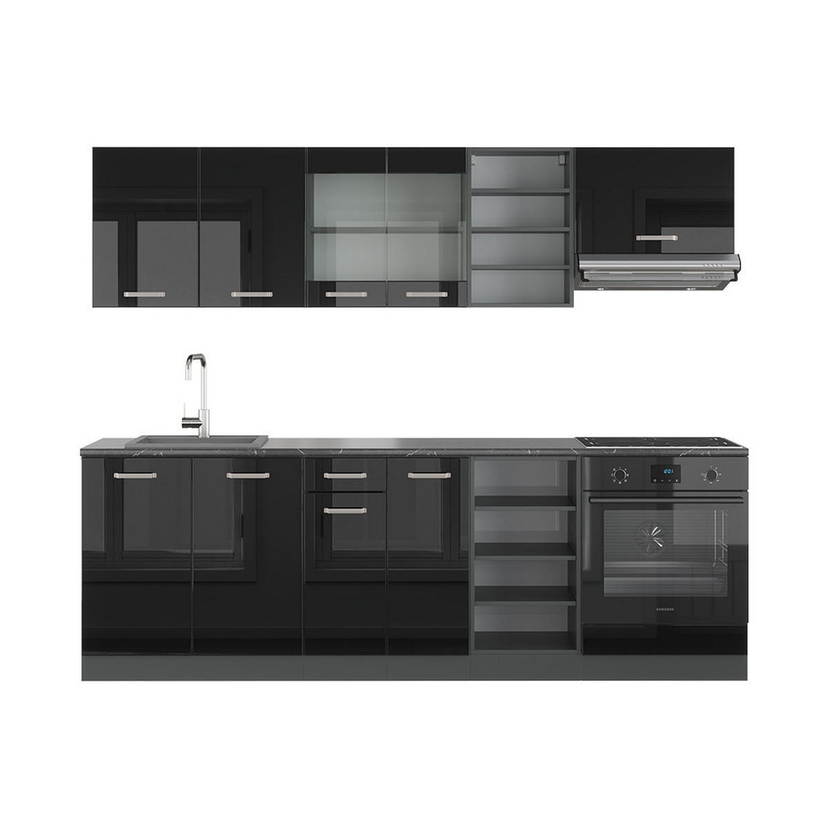 KÜCHENZEILE R-Line Schwarz Hochglanz/Anthrazit 240 cm ohne AP - Schwarz Hochglanz/Anthrazit, Holzwerkstoff (240/81.6/46cm) - Vicco