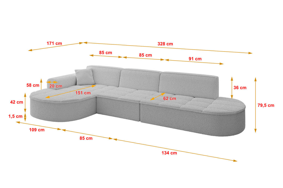 ECKSOFA Ottomane Links TARO-L2 - 328x171x79,5 cm Hellgrau - Hellgrau, Holzwerkstoff/Textil (328/171cm) - ALTDECOR
