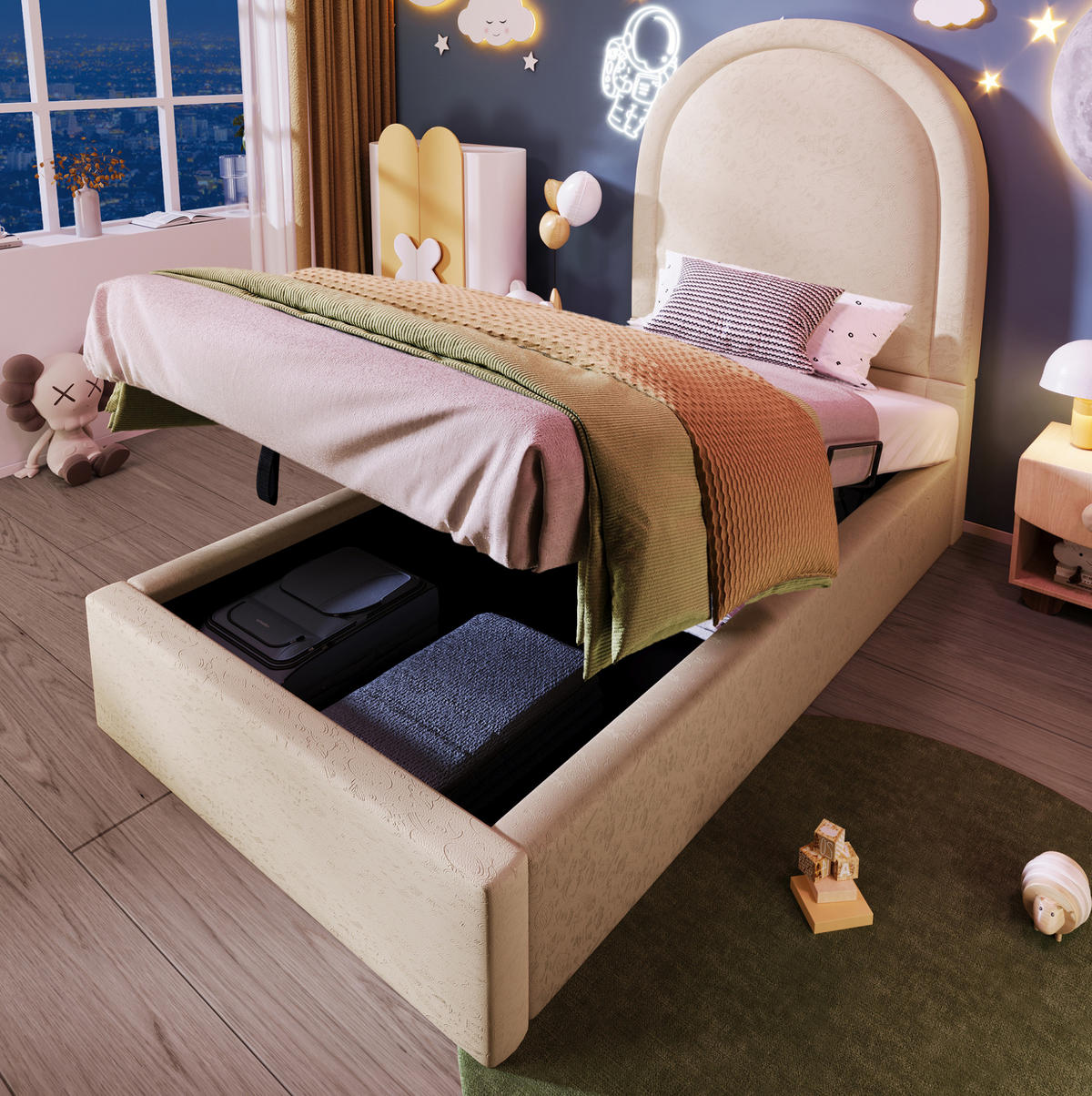 KINDERBETT 90/200 cm in Beige mit Stauraum, Matratze und hydraulischem Lattenrost - Beige, Leder (90/200cm) - BEAOK