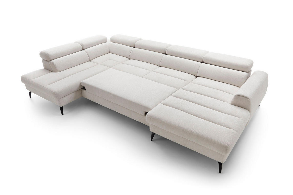 WOHNLANDSCHAFT NOTE Creme Chenille mit Schlaffunktion - Creme, Holz (345/93/257cm) - MASSENO