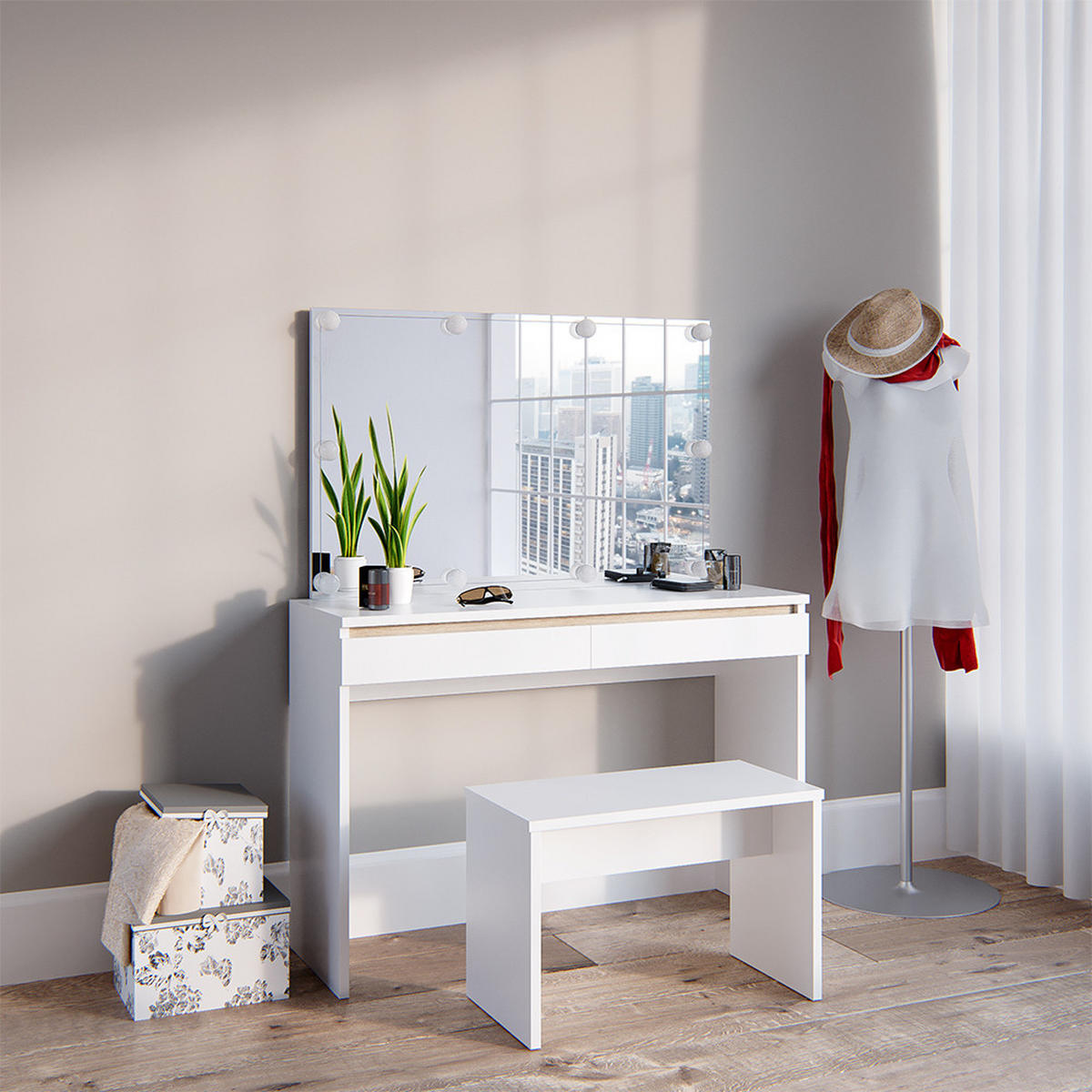 SCHMINKTISCH Emma Weiß 120 cm mit LED Beleuchtung und Bank - Weiß, Holzwerkstoff (120/83/41.8cm) - Vicco