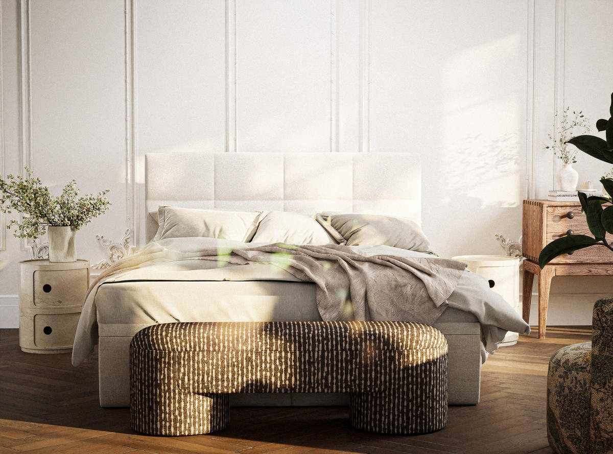 BOXBETT 140/200 cm Umage, in Creme, Matratze, gepolstertes Kopfteil, Bettkasten, H3 = fest - Creme/Schwarz, Holz/Holzwerkstoff (140/200cm) - Maison de Reve