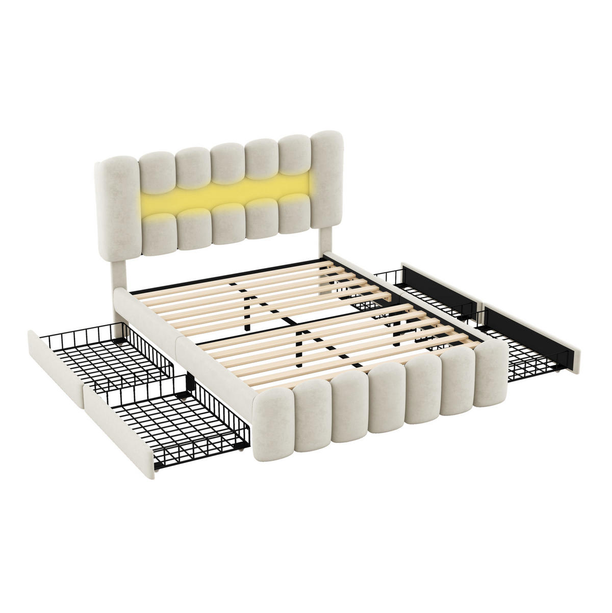 POLSTERBETT aus Samt 160x200 cm in Beige mit LED, USB, Lautsprechern & 4 Schubladen - Beige, Textil (160/200cm) - Modfu