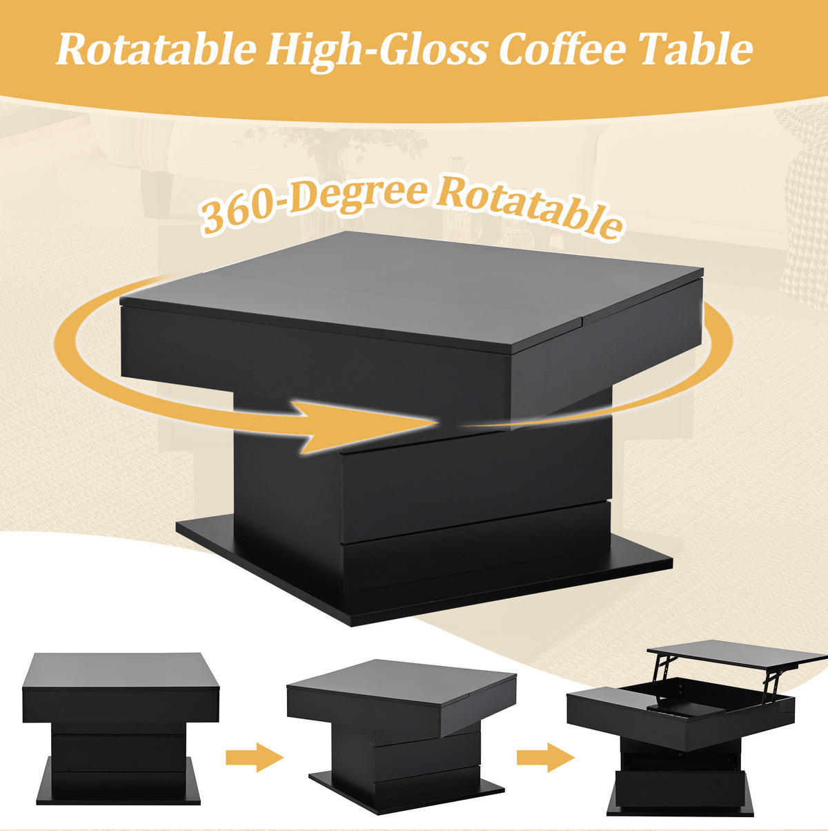 COUCHTISCH 70/70/45 cm schwarz aus Spanplatte mit Hebefunktion und 360° Drehplatte - Schwarz, Holzwerkstoff (70/70/45cm) - OKMYHOME