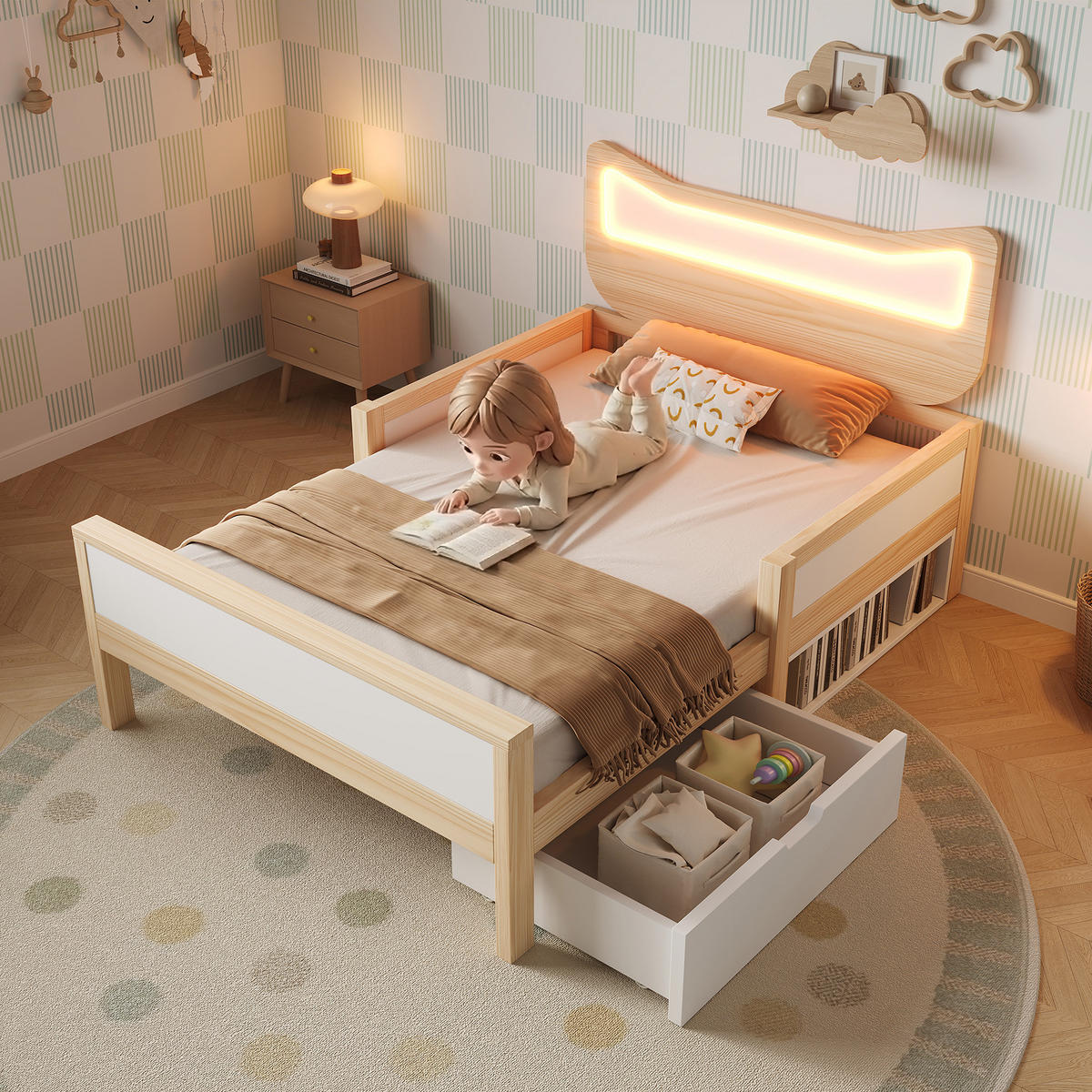 KINDERBETT 90/200 cm DE-00722, in Weiß & Eiche, LED Katzenohren und Schublade - Eichefarben, Holz (90/200cm) - ComfortXL