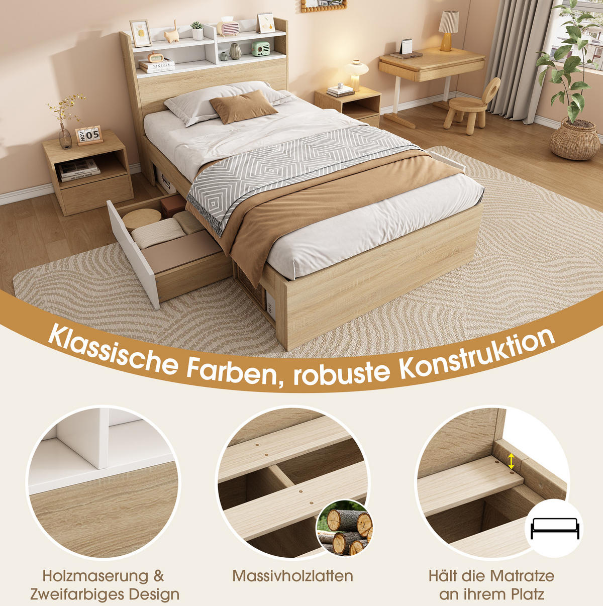 BETT 90/190 cm Weiß/Eiche aus Holz mit Stauraum - Weiß, Holzwerkstoff (90/190cm) - OKMYHOME