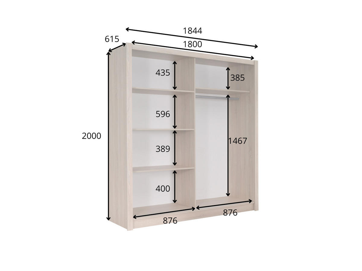 SCHIEBETÜRENSCHRANK ROVELA -184,4×200×61,5 cm mit Regalen & Kleiderstange Sonoma Eiche - Sonoma Eiche, Holzwerkstoff (184.4/200/61.5cm) - Milaros Markt