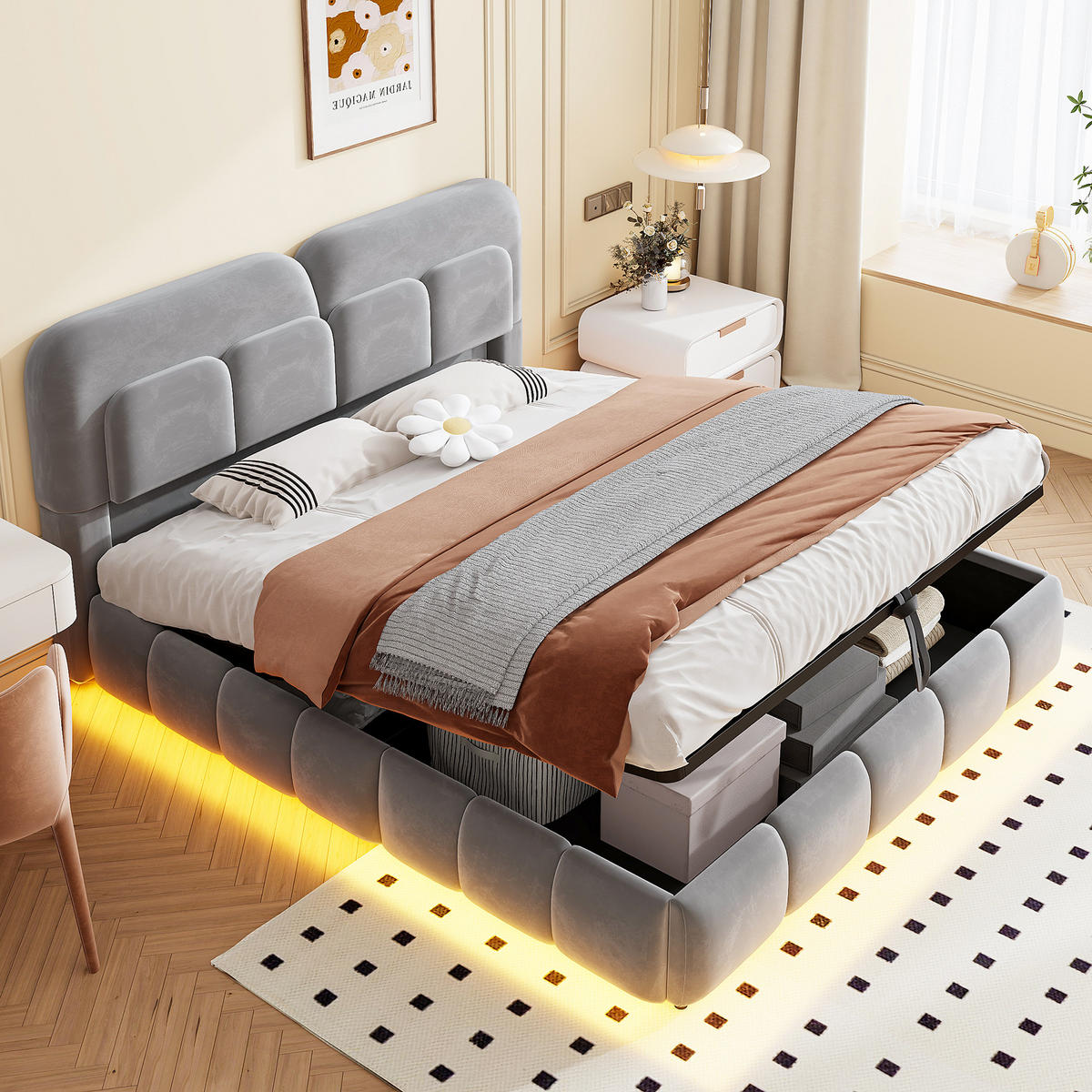 POLSTERBETT 140/200 cm in Grau mit Bettkasten, LED und Lattenrost aus Samt und Metall - Grau, Holzwerkstoff/Textil (140/200cm) - STILVORA