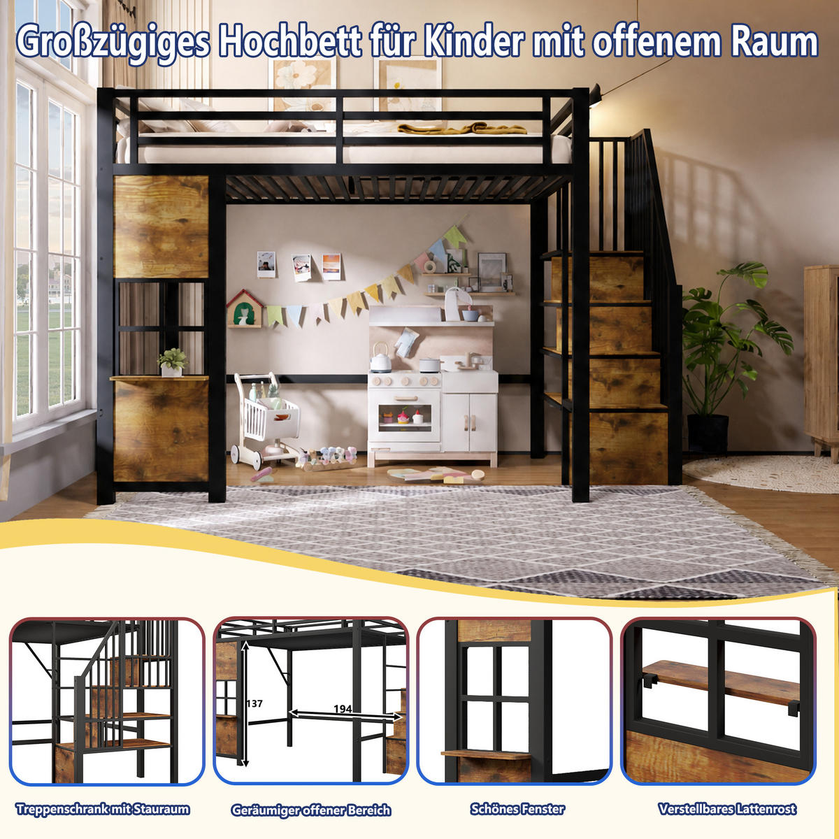 HOCHBETT 140/200 cm Schwarz mit Stauraumtreppe und offener Stauraum - Schwarz, Metall (140/200cm) - Oxeza