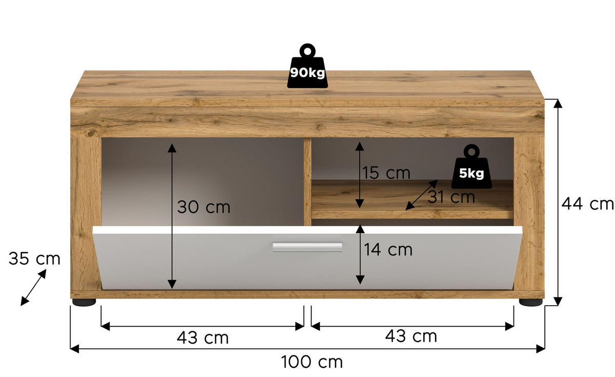 SITZBANK JAM (B/H/T: ca. 100/44/35 cm) in Wotan Eiche Nachbildung/weiß - Eichefarben, Holzwerkstoff (100/44/35cm)
