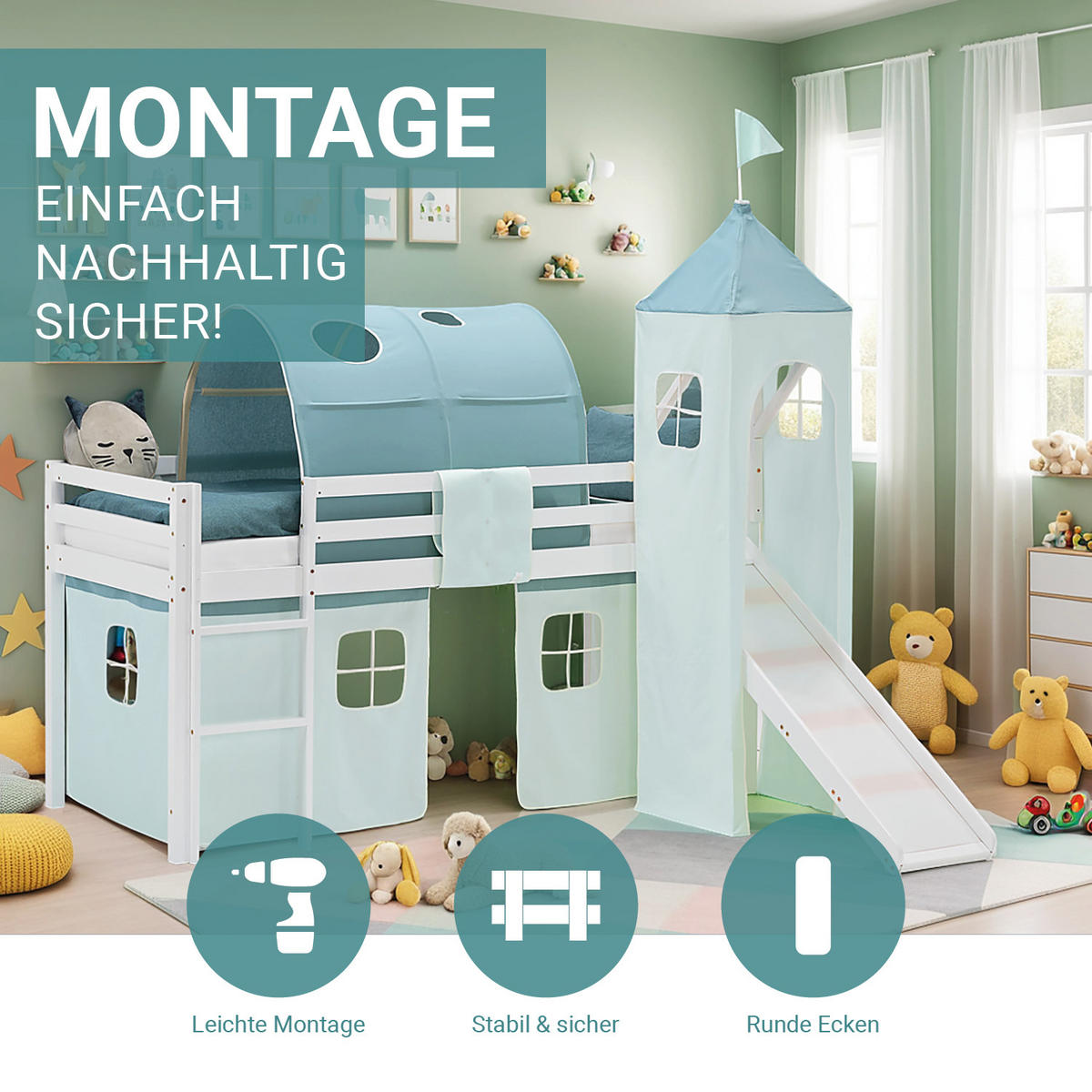 HOCHBETT 90/200 cm in weiß Rutsche Bettvorhang Turm Tunnel Mint - Weiß/Mintgrün, Holz/Textil (90/200cm) - Homestyle4u