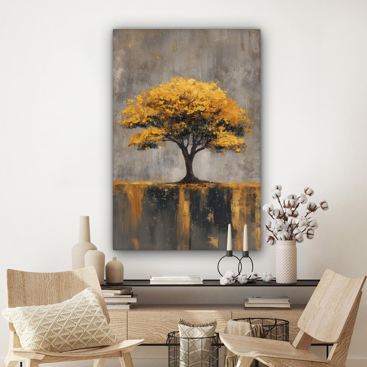 LEINWANDBILD Baum - Blätter - Gold - Abstrakt Deko Groß 90x140 cm - Grau, Textil (90/140cm) - MuchoWow