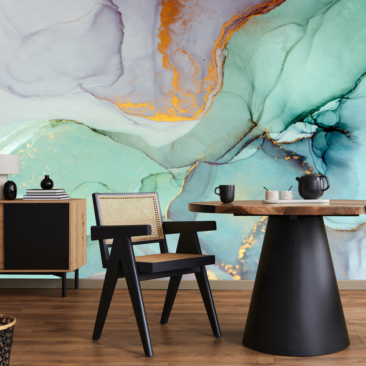 FOTOTAPETE für Badezimmer Blauer Marmor Goldadern Vintage 350x256 - Violett/Grün, Papier (350/256cm) - Muralo