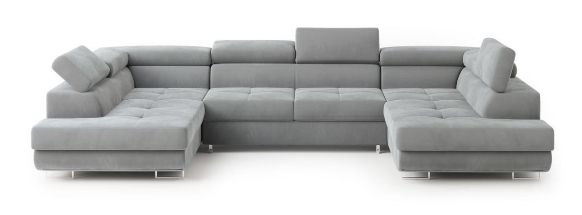 WOHNLANDSCHAFT RAGGIO Hellgrau Velours-Stoff mit Schlaffunktion - Hellgrau, Holz (336/90/202cm) - MASSENO