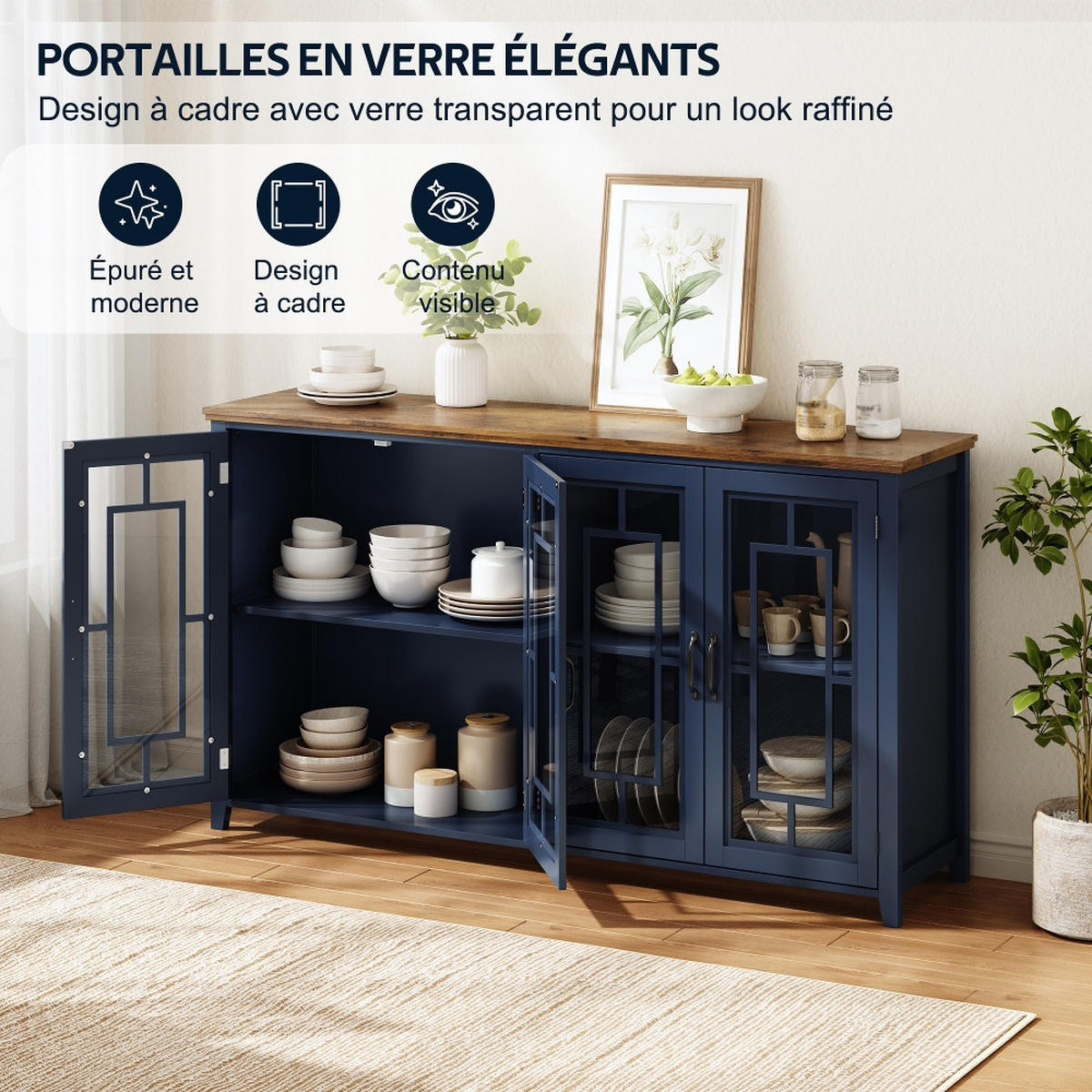 SIDEBOARD 160 CM Küchen-Sideboard GLASTÜREN Holzoptik Esszimmer Wohnzimmer 160/40/86 cm - Blau, Holzwerkstoff (40/86/160cm) - Rolipo