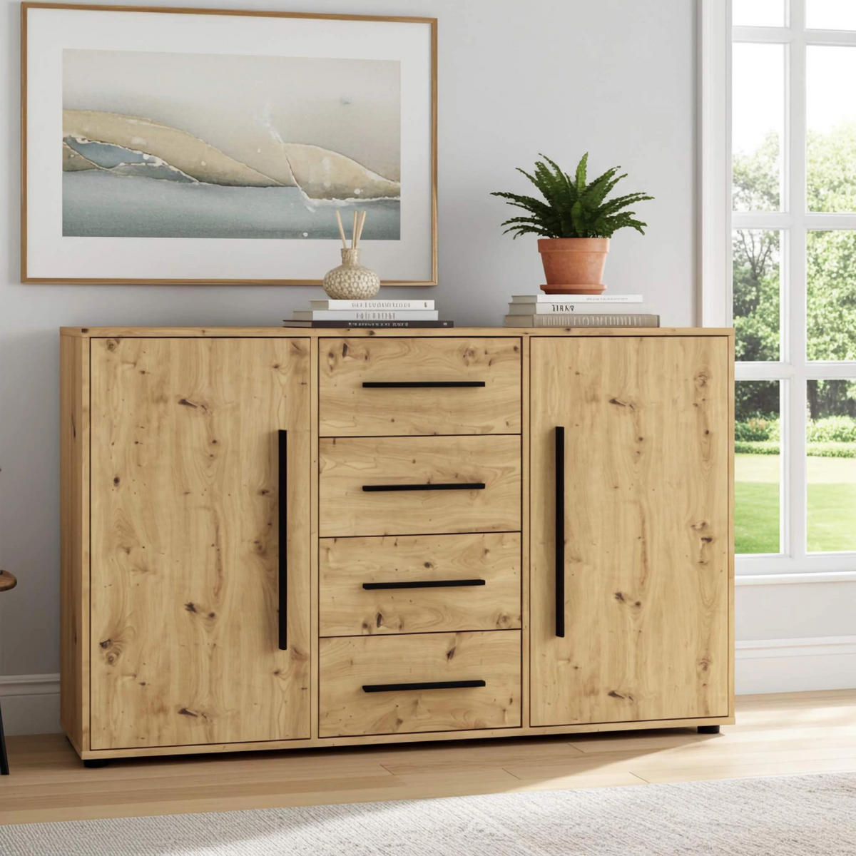 KOMMODE Modena K2D4SZ 150 cm in Eiche Artisan mit Türen und Schubladen - Schwarz/Eiche Artisan, Holzwerkstoff/Kunststoff (150/87/40cm)