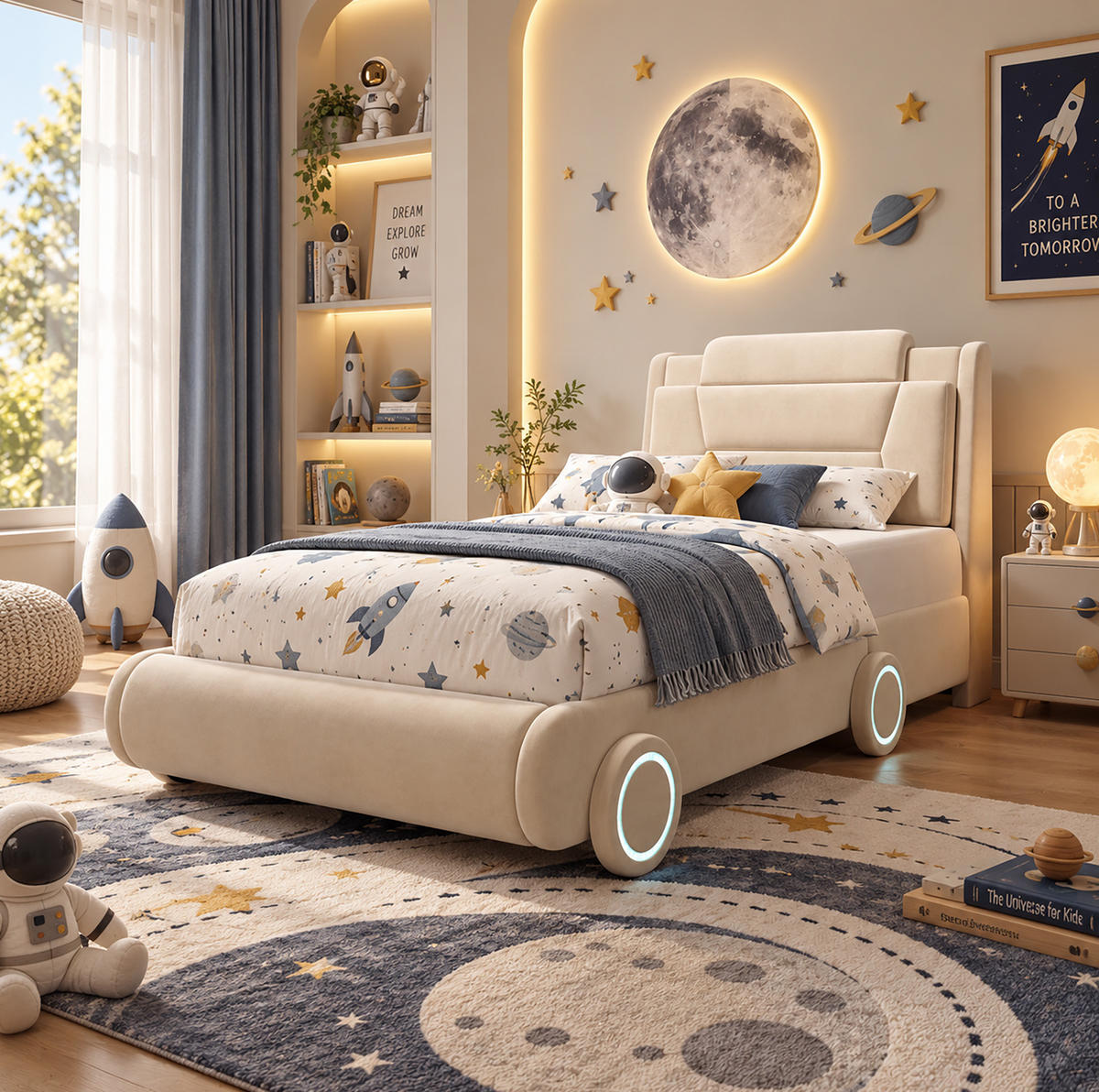 KINDER-POLSTERBETT aus Flanell 90x200 cm Beige im Auto-Design mit Lichtleisten - Beige, Textil (90/200cm) - Modfu