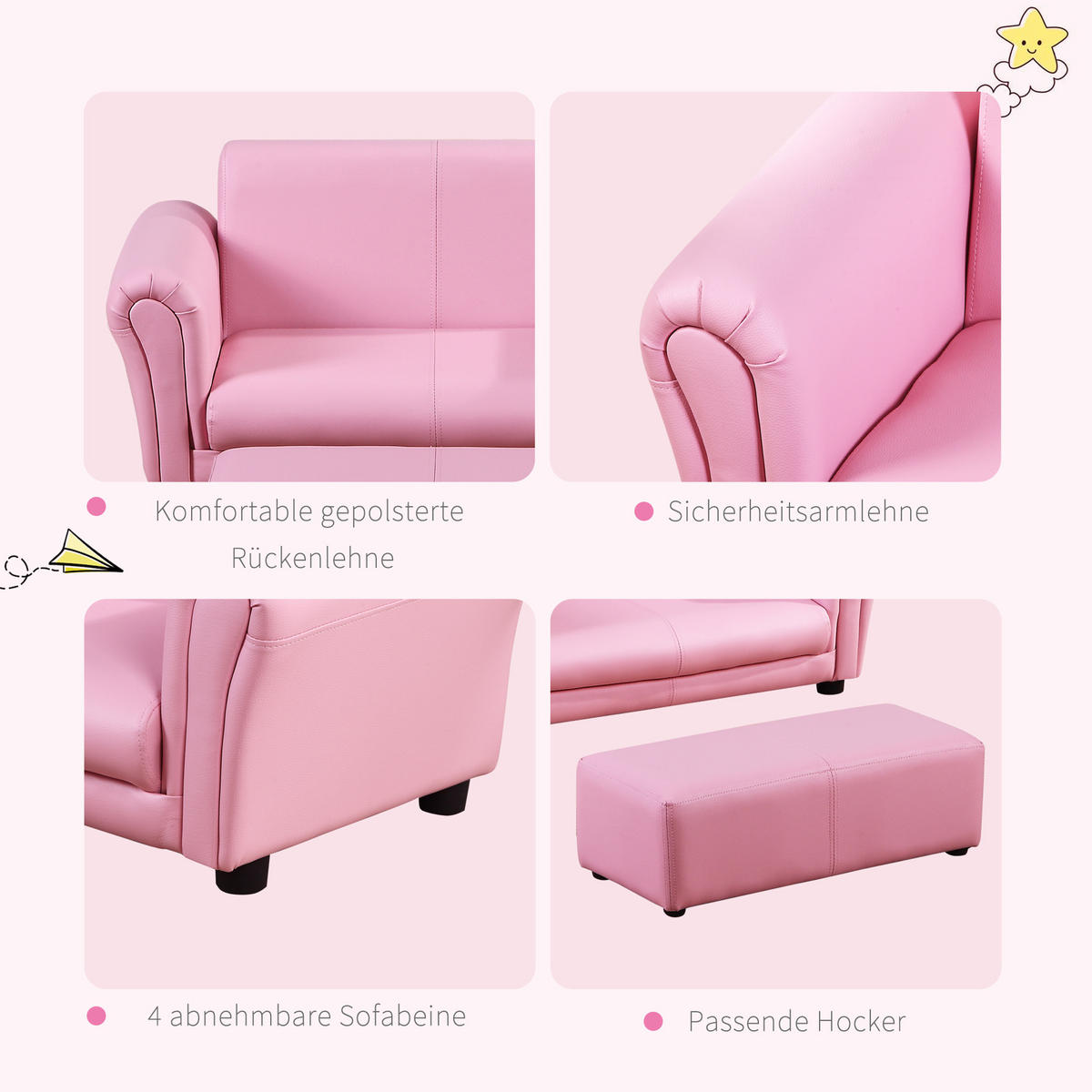 KINDERSESSEL, Rosa, Holz, PVC - Rosa, Holz (42/41/83cm) - HOMCOM