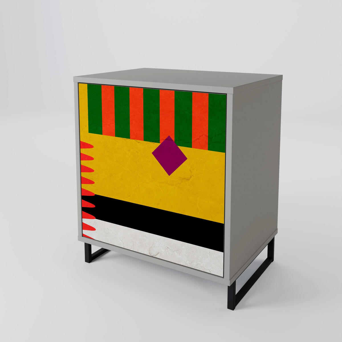 SIDEBOARD VIVID ART, Grau, 57,5x42x72,5 cm, Schwarze Metallfüße - Multicolor/Schwarz, Holzwerkstoff/Metall (57.5/72.5/42cm) - SpaceRebels