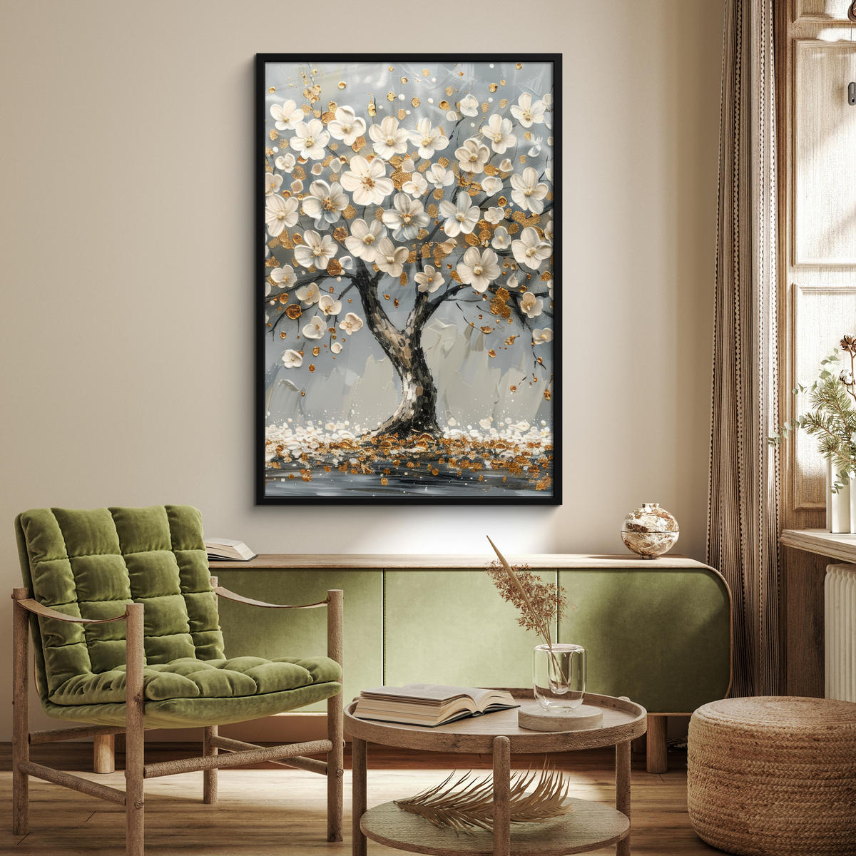 GERAHMTES BILD Baum - Blumen - Weiß - Natur - Kunst 80x120 cm - Weiß, Papier (80/120cm) - MuchoWow