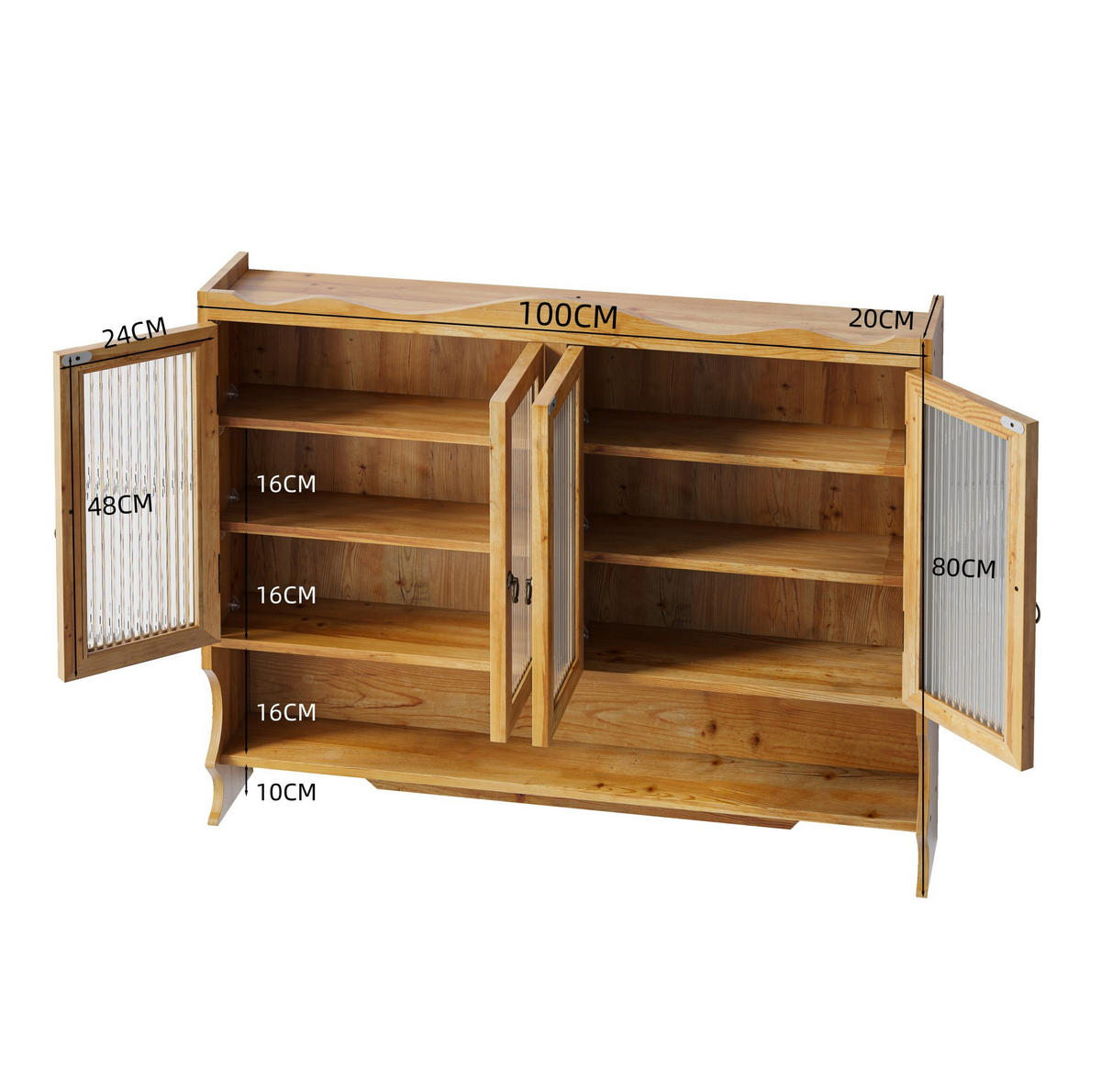 KÜCHENOBERSCHRANK 100/20/80 cm mit 4 Türen, offenen Haken und herausnehmbaren Böden, Massivholz und Glas, Natur - Naturfarben, Holz (100/80/20cm) - Redom