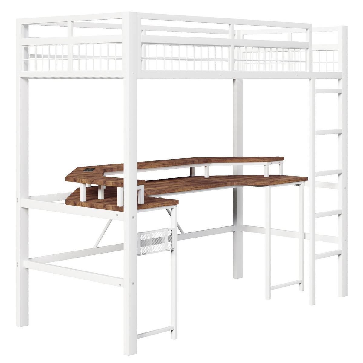 HOCHBETT mit Schreibtisch 90/200 cm in Weiß – mit LED-Lichtleiste - Weiß, Metall (90/200cm) - BEAOK