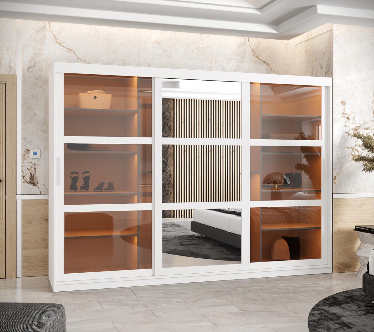 SCHWEBETÜRENSCHRANK 200/250/62 3-türig - Silberfarben/Weiß, Holz/Kunststoff (250/200/62cm) - Abiks Möbel