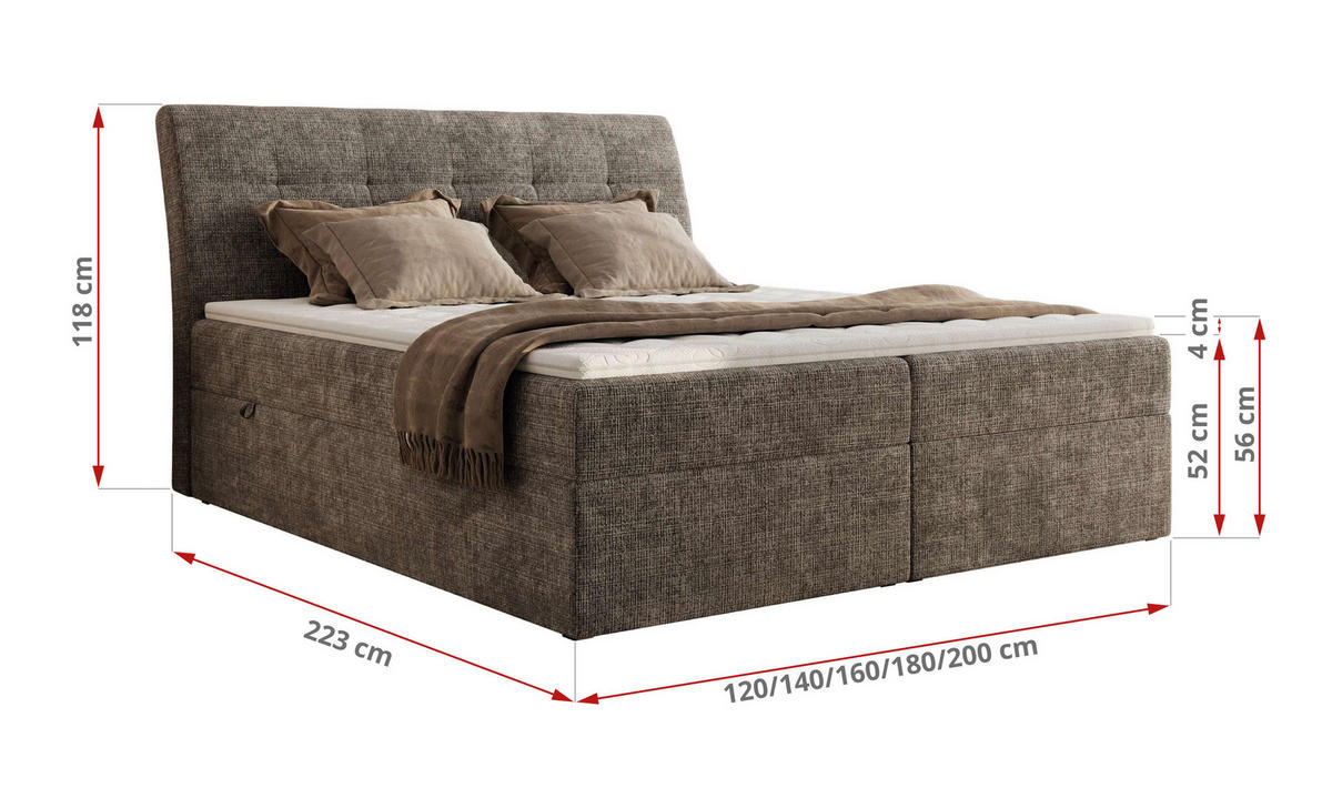 BOXBETT DAGOS 140/200 - Braun Schenille grob gewebt - H3 - Topper T25 - Braun, Textil (140/200cm) - MKS